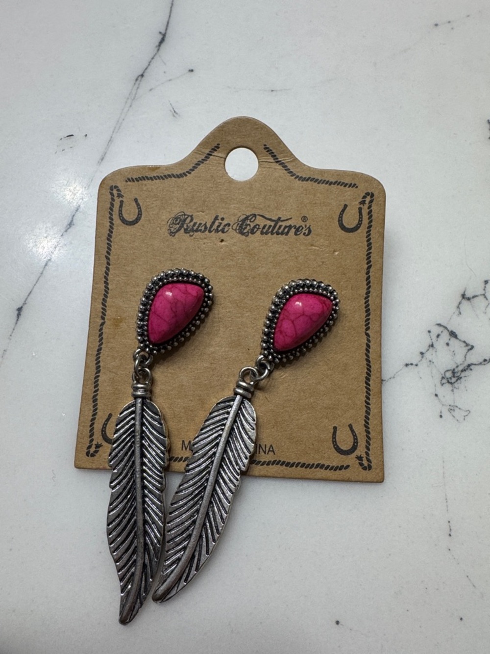 Brand new Rustic Couture Pink Teardrop Feather Drop Earrings